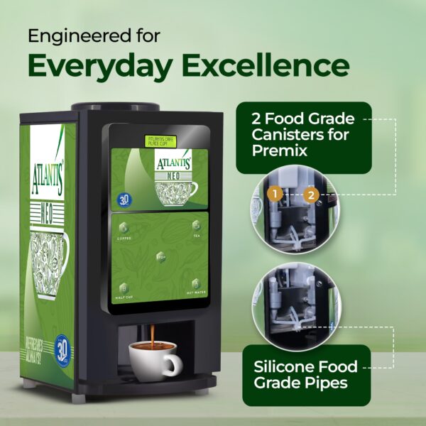 Atlantis 2 lane coffee vending for offices with two food grade canisters and silicone food grade pipes