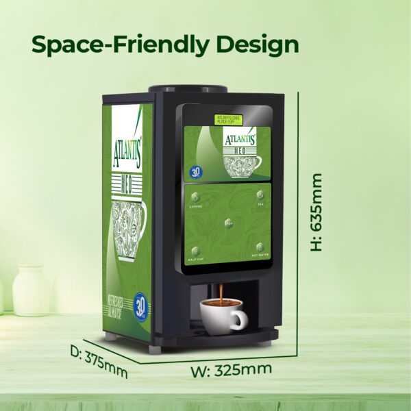 Atlantis 2 lane coffee vending for offices black and green machine with space-friendly design and cup dispensing