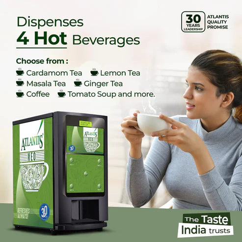 3-lane instant soup coffee tea machine dispensing hot cardamom tea to a woman enjoying a cup