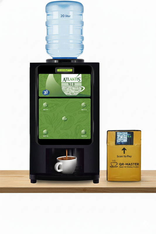 Atlantisplus 3-lane instant soup coffee tea machine with water dispenser and digital display on wooden table