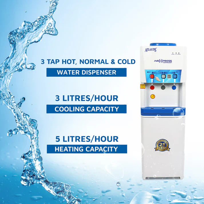 Atlantis Airpress 3 Tap Water Dispenser with hot, normal, and cold water taps and 5 liters per hour heating capacity