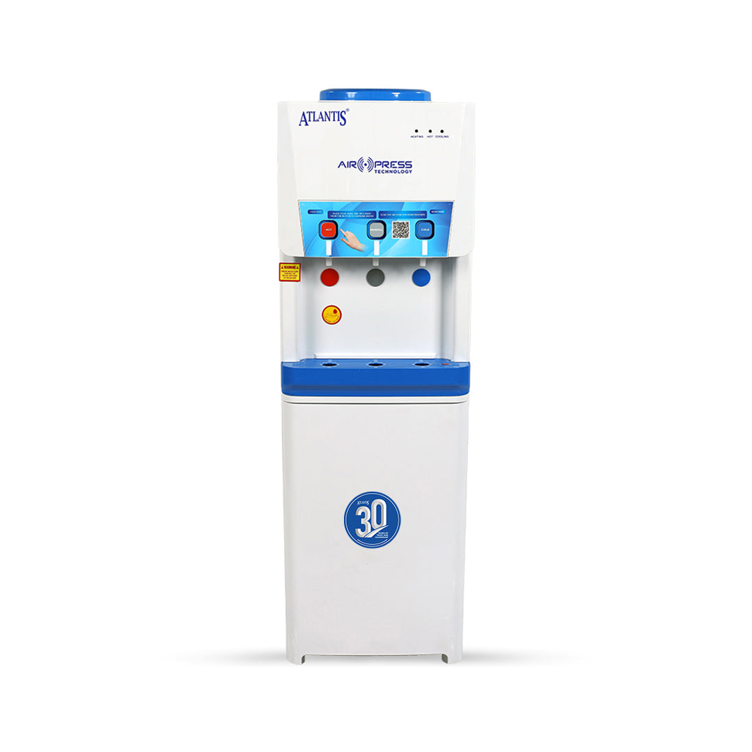 Atlantis Airpress 3 Tap Water Dispenser in white and blue with hot cold and normal water taps
