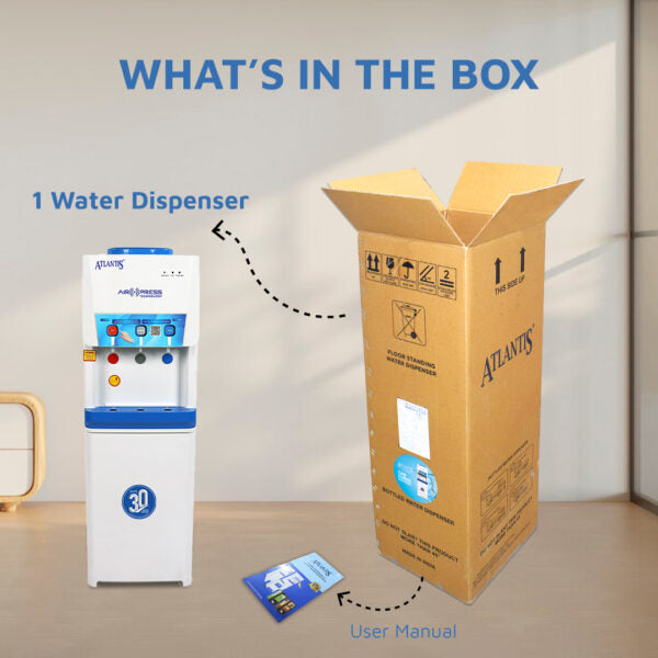 Atlantis Airpress 3 Tap Water Dispenser unboxed with packaging and user manual displayed