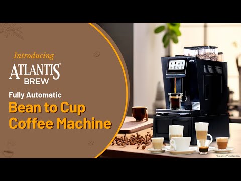 Atlantis brew fully automatic coffee machine with touchscreen and fresh coffee cups on table