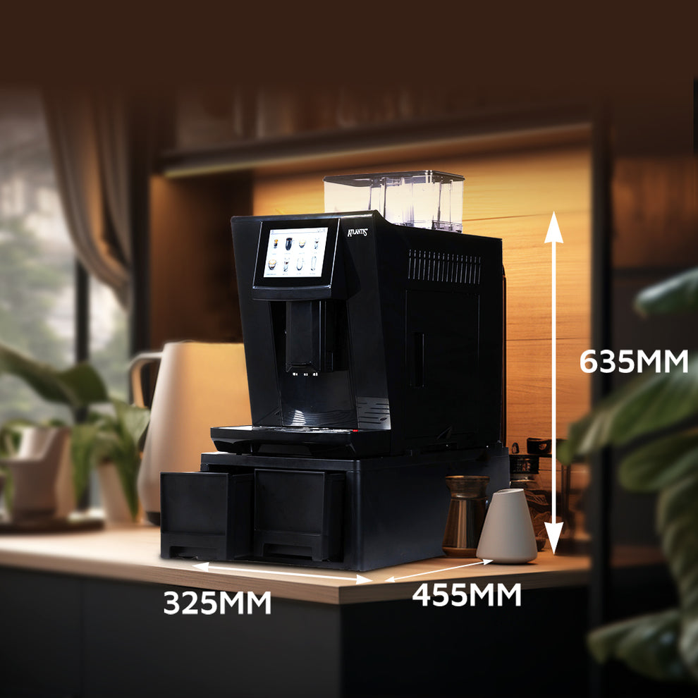 Atlantis brew fully automatic coffee machine in black with digital display on kitchen counter