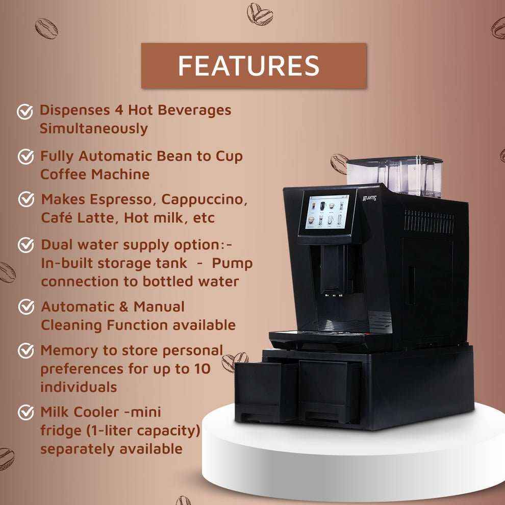 Atlantis brew fully automatic coffee machine dispensing multiple hot beverages with touch screen and milk cooler