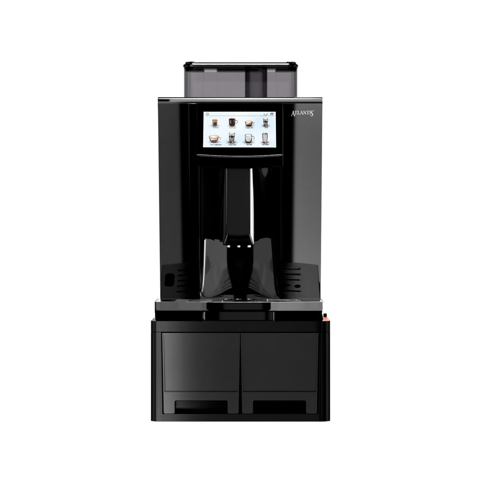 Atlantis brew fully automatic coffee machine in black with digital touch screen and dual dispensing spouts