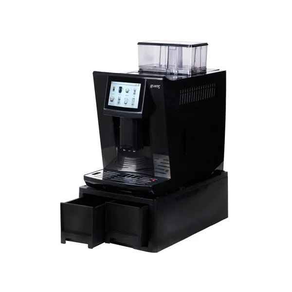 Atlantis brew fully automatic coffee machine in black with touchscreen and dual storage drawers