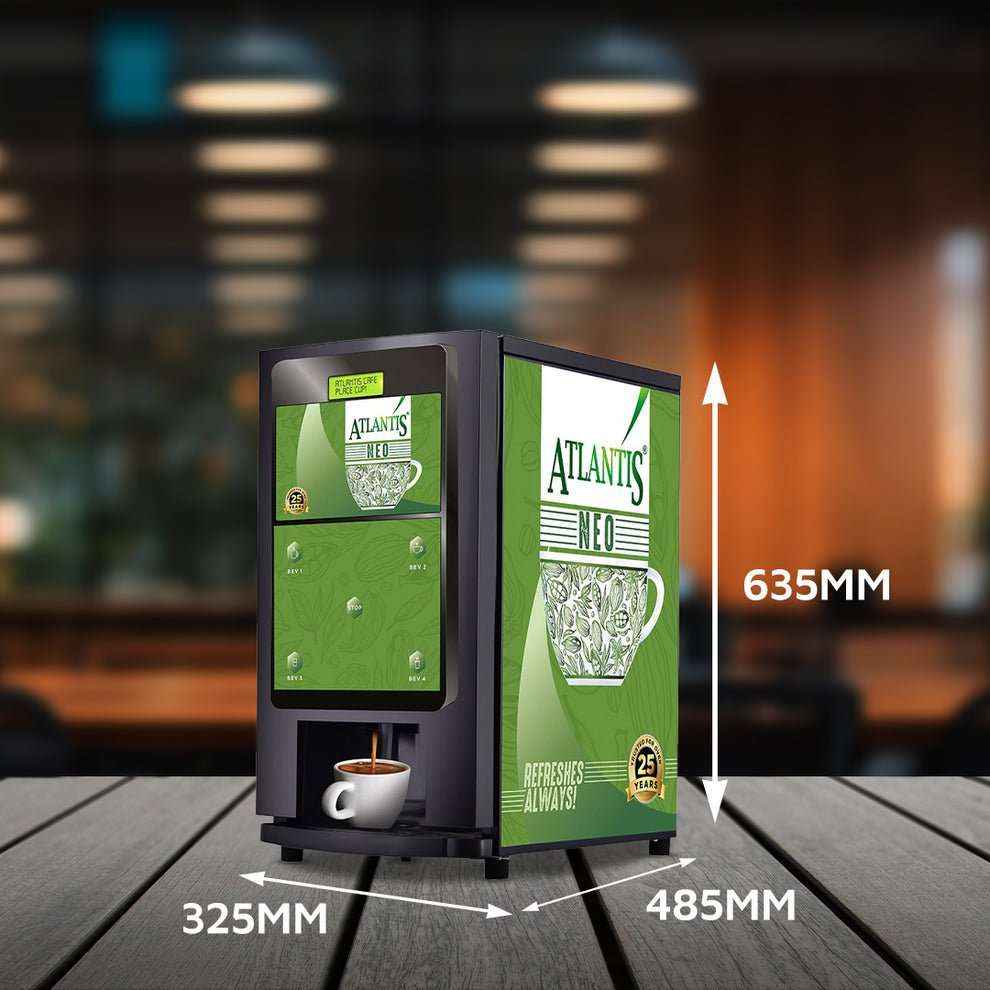 Compact coin operated coffee vending machine with Atlantis Neo branding and size dimensions
