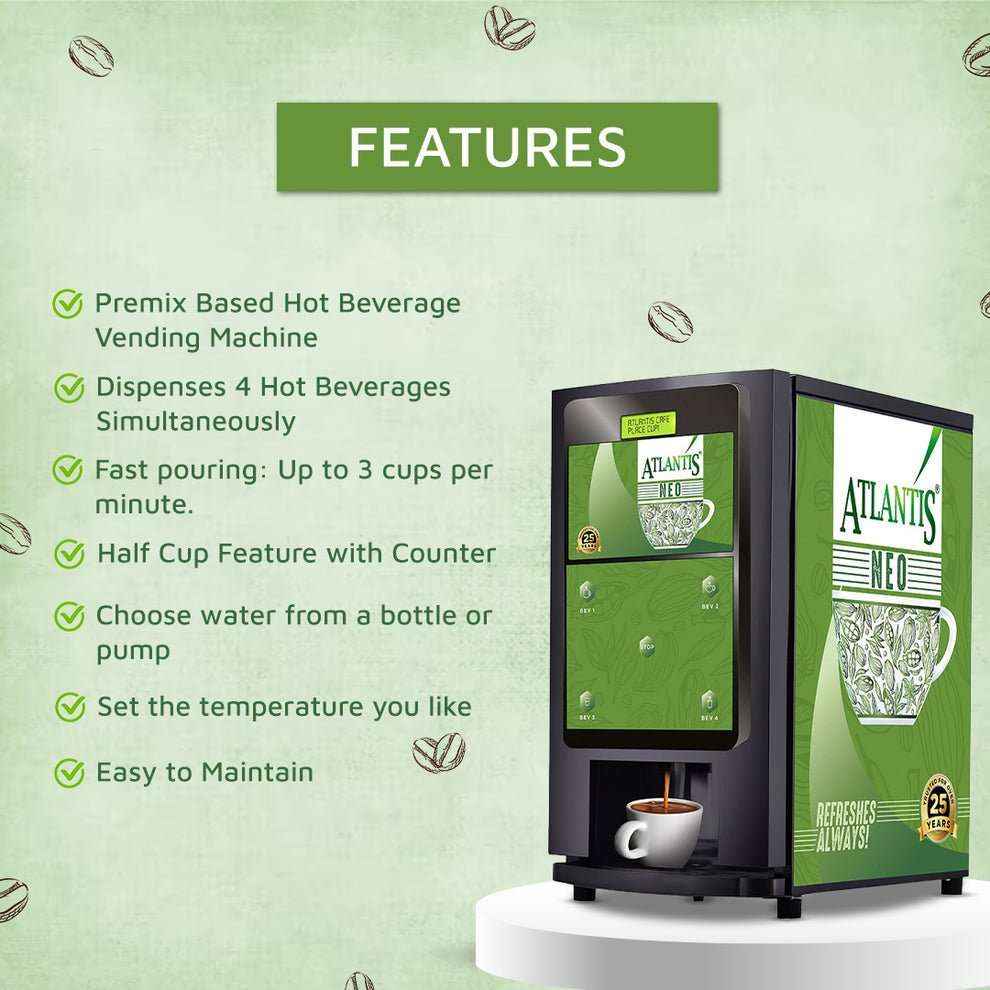 Coin operated coffee vending machine Atlantis Neo dispensing hot beverages with temperature control and fast pouring