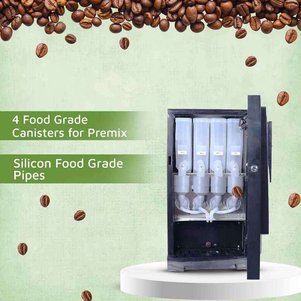 Coin operated coffee vending machine with four food grade canisters and silicon food grade pipes