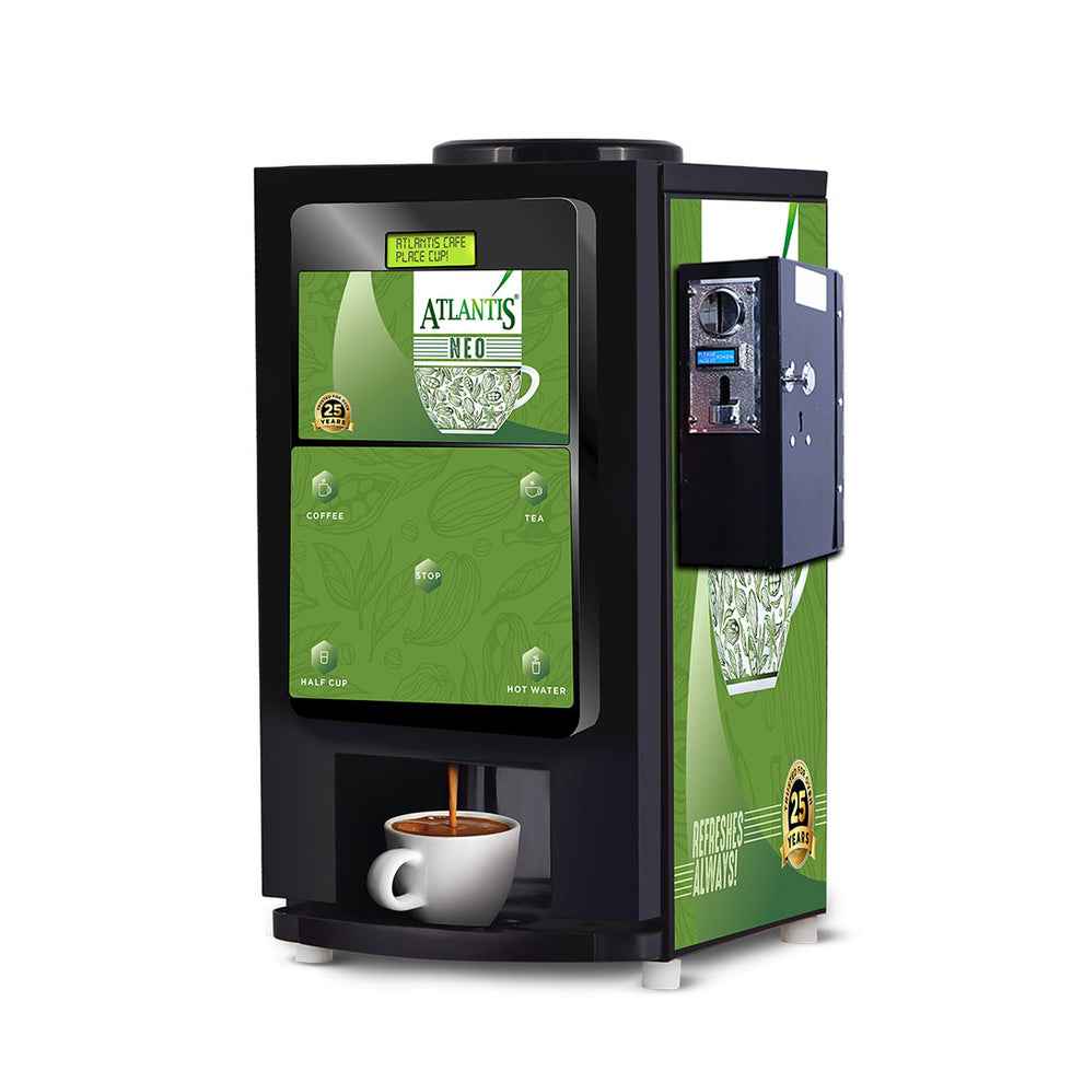 Coin operated coffee vending machine dispensing coffee with green Atlantis Neo design