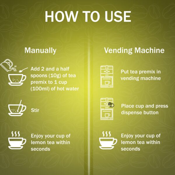 Instructions on how to use Atlantis instant lemon tea powder manually and with a vending machine