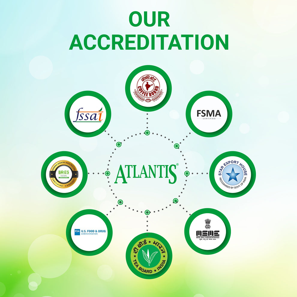 Accreditation logos surrounding Atlantis name for Atlantis Kadak 3-in-1 Tea premix by Tea coffee vending service