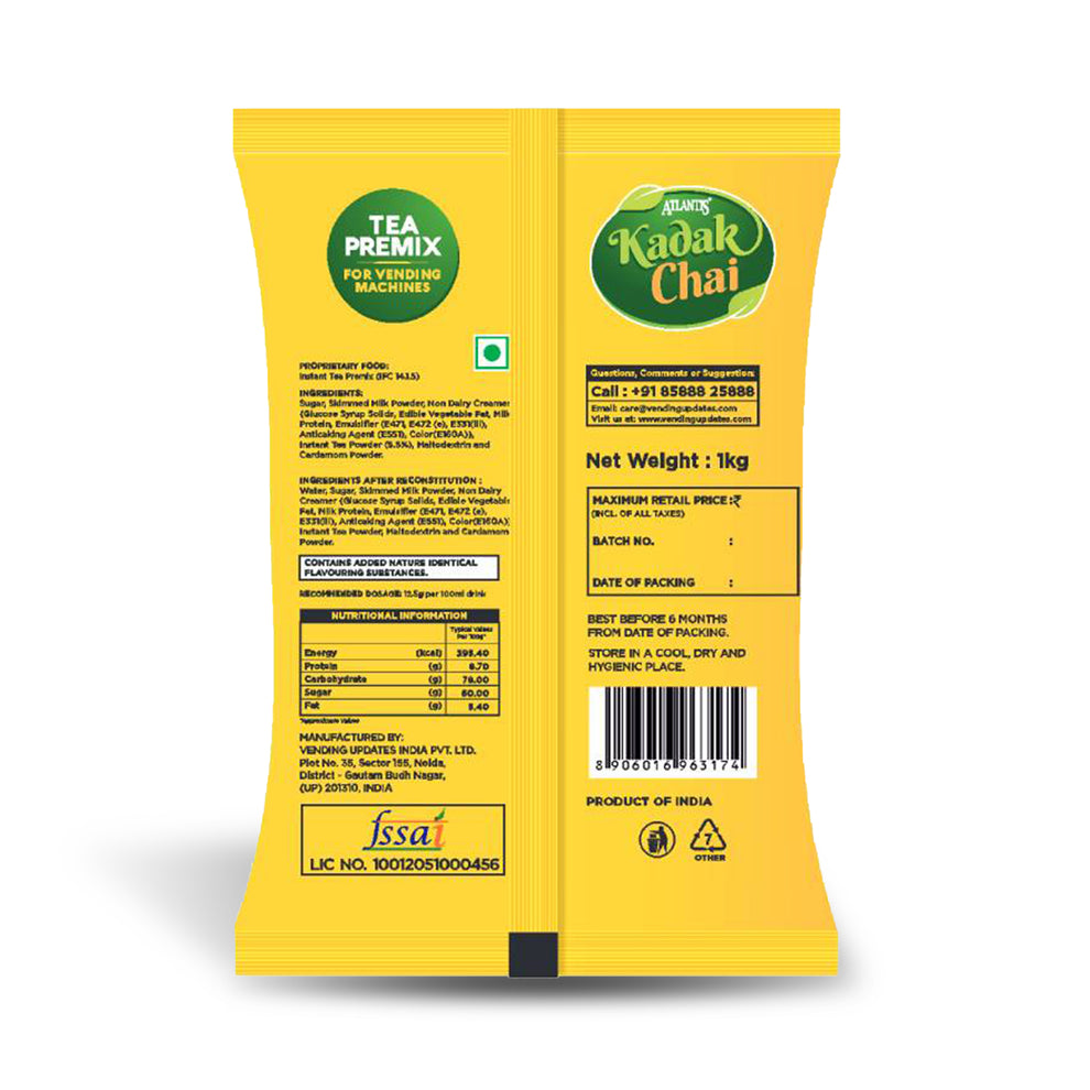 Atlantis Kadak 3-in-1 Tea premix yellow sachet for vending machines with 1kg net weight