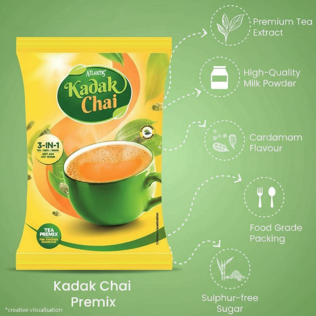 Atlantis Kadak 3-in-1 Tea premix packet with green cup of tea highlighting premium tea extract and cardamom flavour