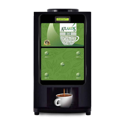 Atlantis Neo 3 Lane vending machine price shown with coffee dispensing into white cup