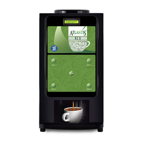 Atlantis Neo 3 Lane vending machine with coffee dispensing and green display showing Atlantis Neo branding Atlantis Neo 3 Lane vending machine price