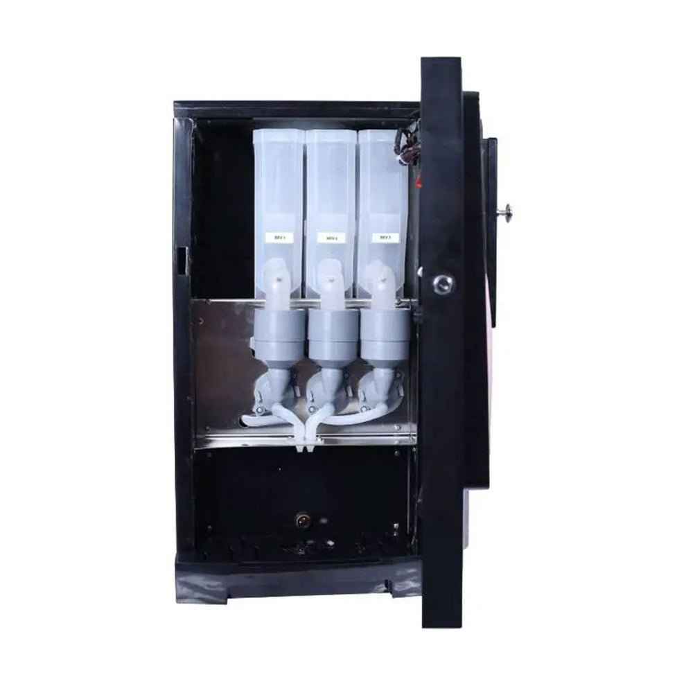 Atlantis Neo 3 Lane vending machine price front view showing three white dispensers inside black casing