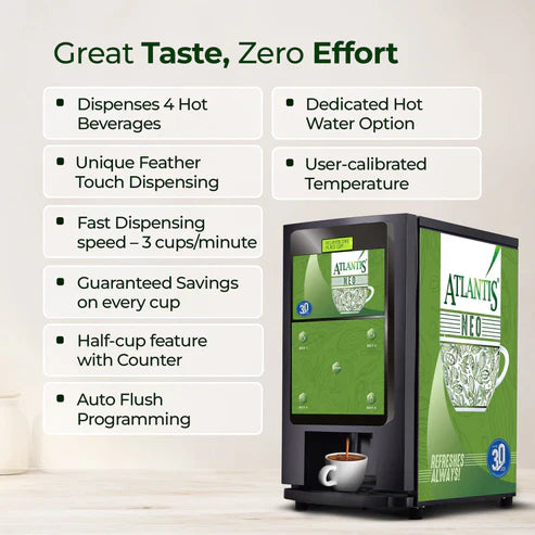 Atlantis Neo 3 Lane vending machine price with 4 hot beverage options and fast dispensing