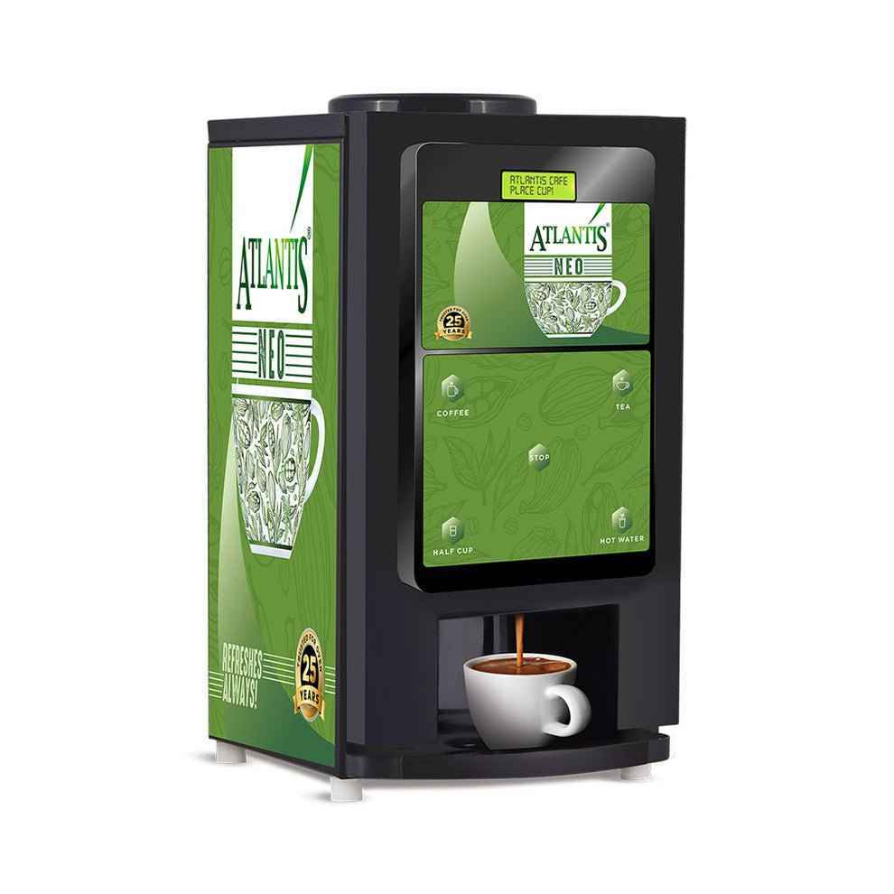 ATLANTIS NEO 4 Lane Tea and Coffee Vending Machines Dedicated Hot Water dispensing fresh coffee into a white cup