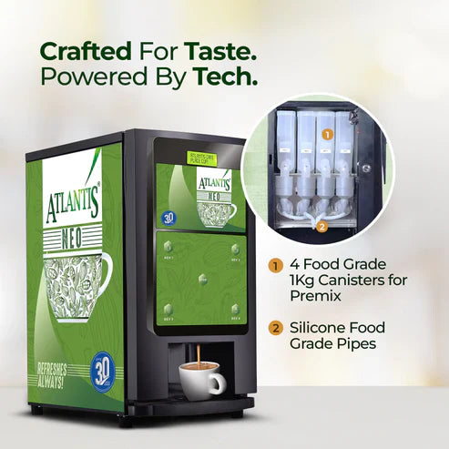 ATLANTIS NEO 4 Lane Tea and Coffee Vending Machines Dedicated Hot Water with four 1kg canisters and silicone food grade pipes