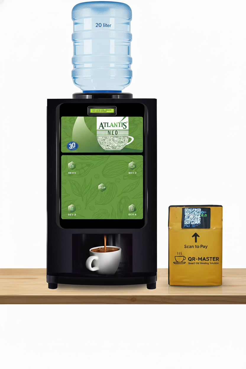Atlantis neo 4 lane upi qr master water dispenser with 20 liter bottle and QR payment system