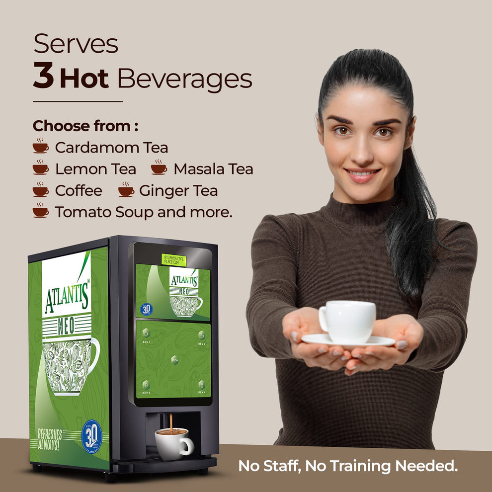 ATLANTIS NEO 3-Lane Tea and Coffee Vending Machine - Dedicated Hot Water - COFFEE WALLA CALL ANY REQUIREMENT 99397588888 24*7