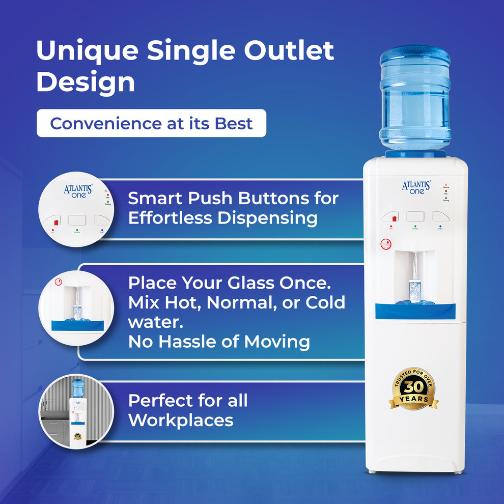 ATLANTIS ONE | Unique Single Outlet Design | Smart Push Buttons | Hot, Normal & Cold Water | 3L/Hour Cooling Capacity | 1 Year Warranty | Child Lock - COFFEE WALLA CALL ANY REQUIREMENT 99397588888 24*7