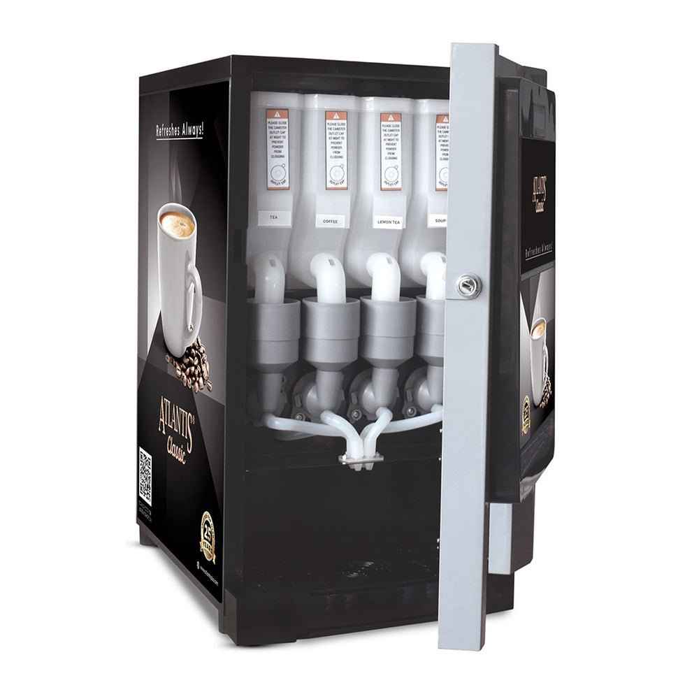 Atlantis Select 7 option coffee machine with transparent front and multiple dispensing nozzles by Tea coffee vending service