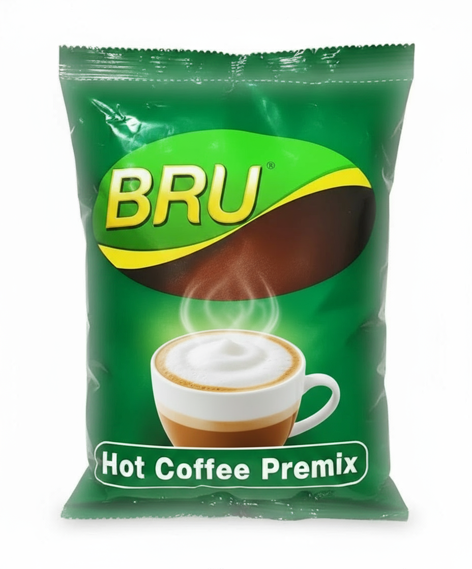 Bru coffee premix 1kg pouch with green packaging and steaming cup of hot coffee image
