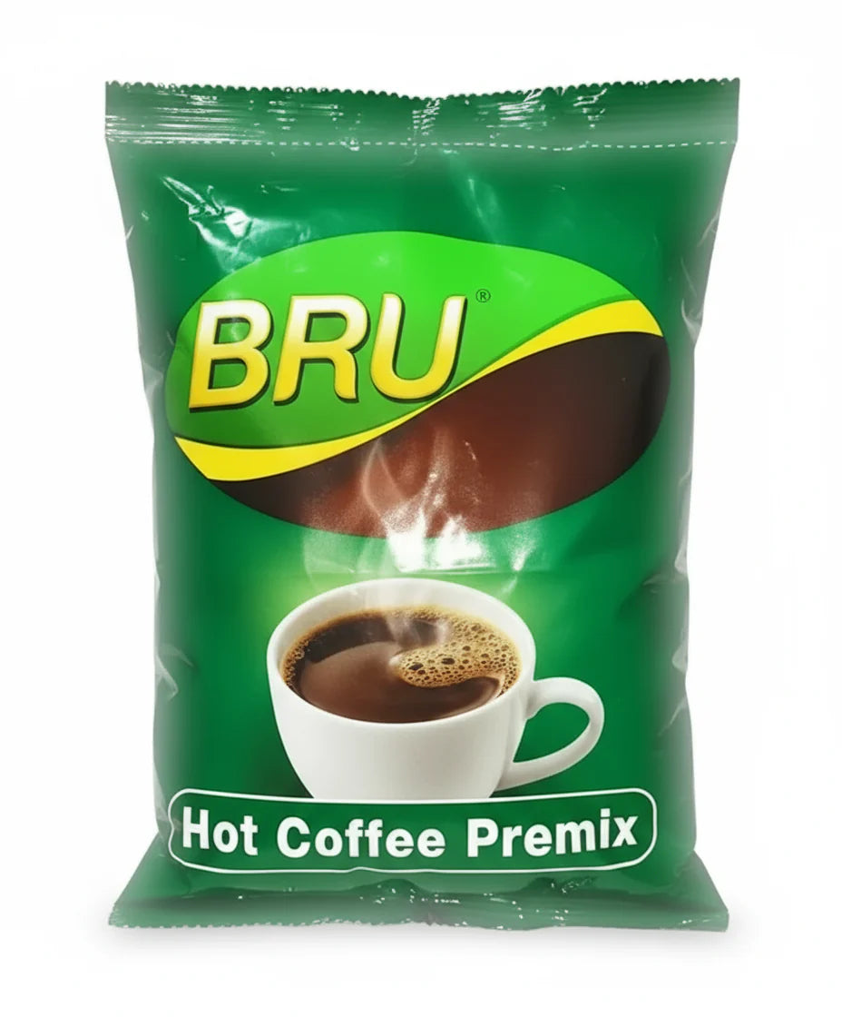 Bru coffee premix 1kg packet with hot coffee cup image on green packaging from Tea coffee vending service