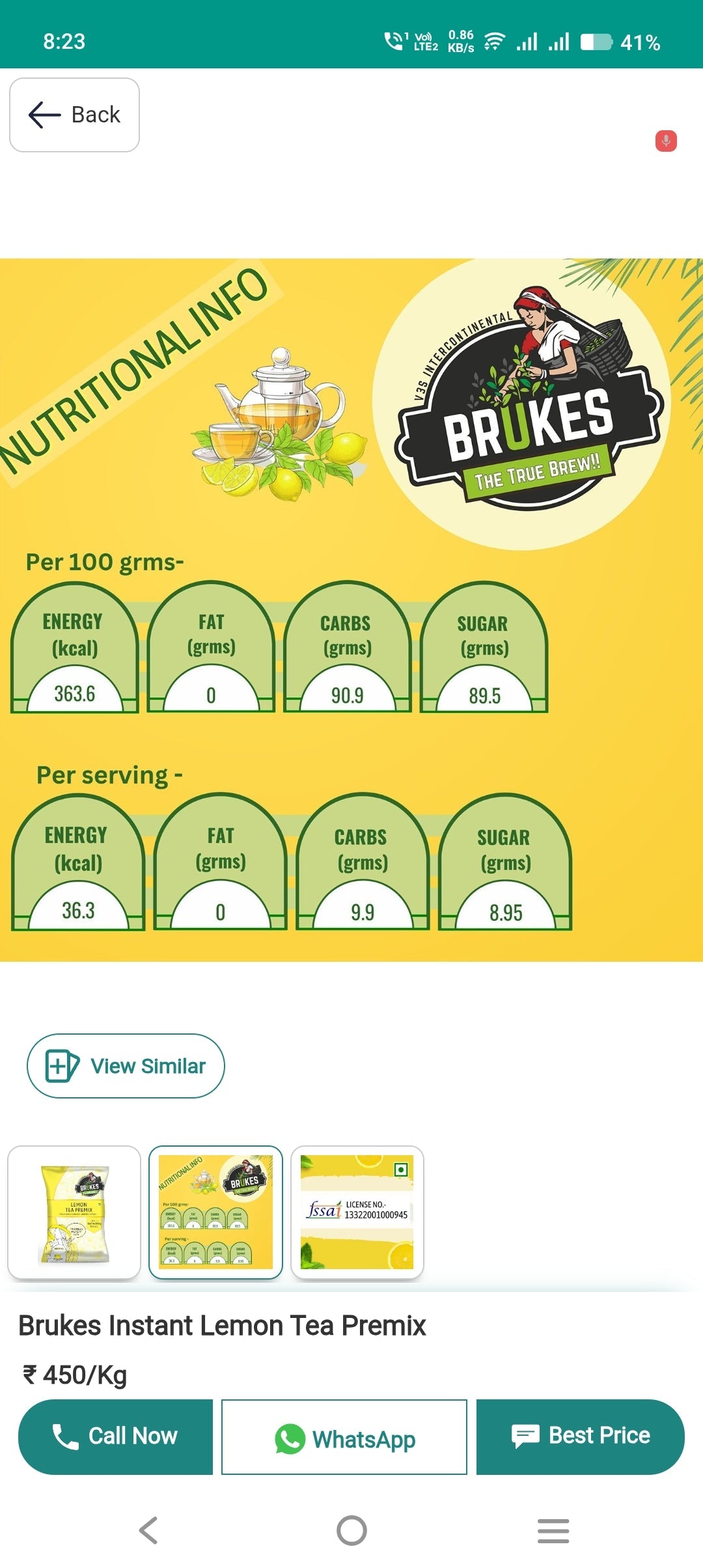 Brukes Lemon Tea Premix 1kg - Refreshing Beverage - COFFEE WALLA CALL ANY REQUIREMENT 99397588888 24*7