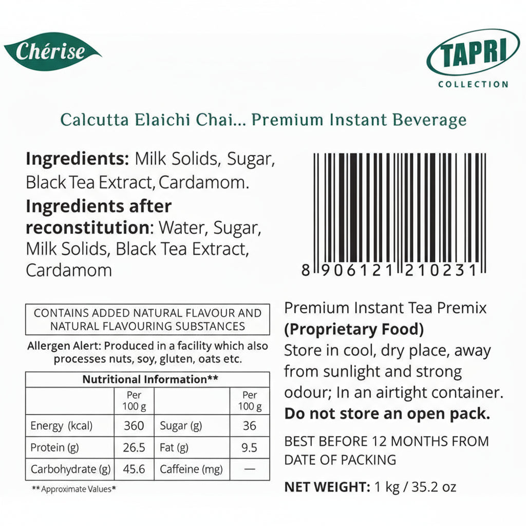 Calcutta Elaichi chai premix package showing ingredients, nutritional information, and storage instructions