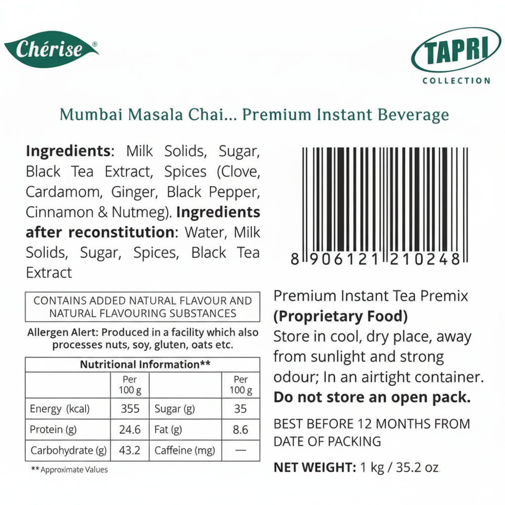 Calcutta Elaichi chai premix by Tea coffee vending service with Mumbai Masala instant tea ingredients and nutritional info