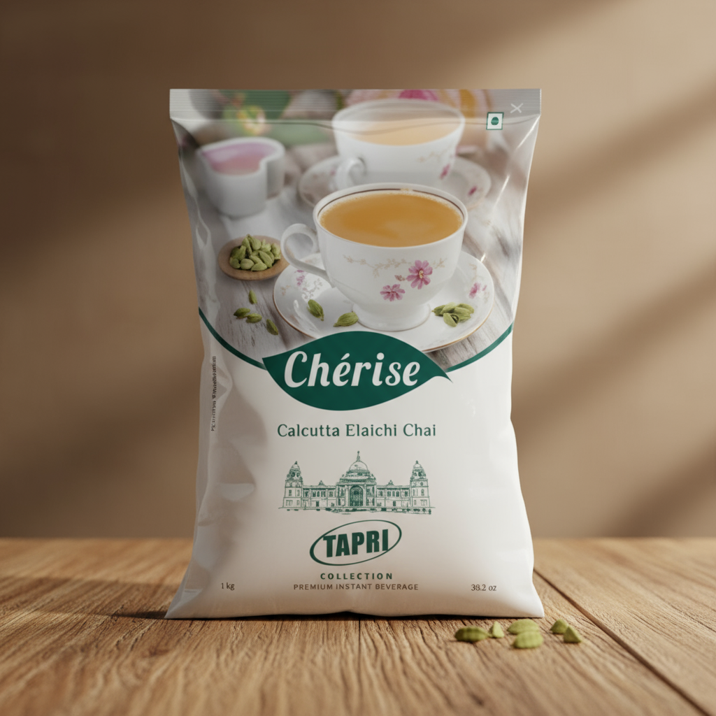 Calcutta Elaichi chai premix pack from Tea coffee vending service with a cup of chai and cardamom pods