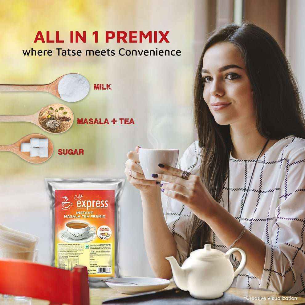 Tea coffee vending service masala tea premix 1kg packet with woman enjoying hot cup of tea