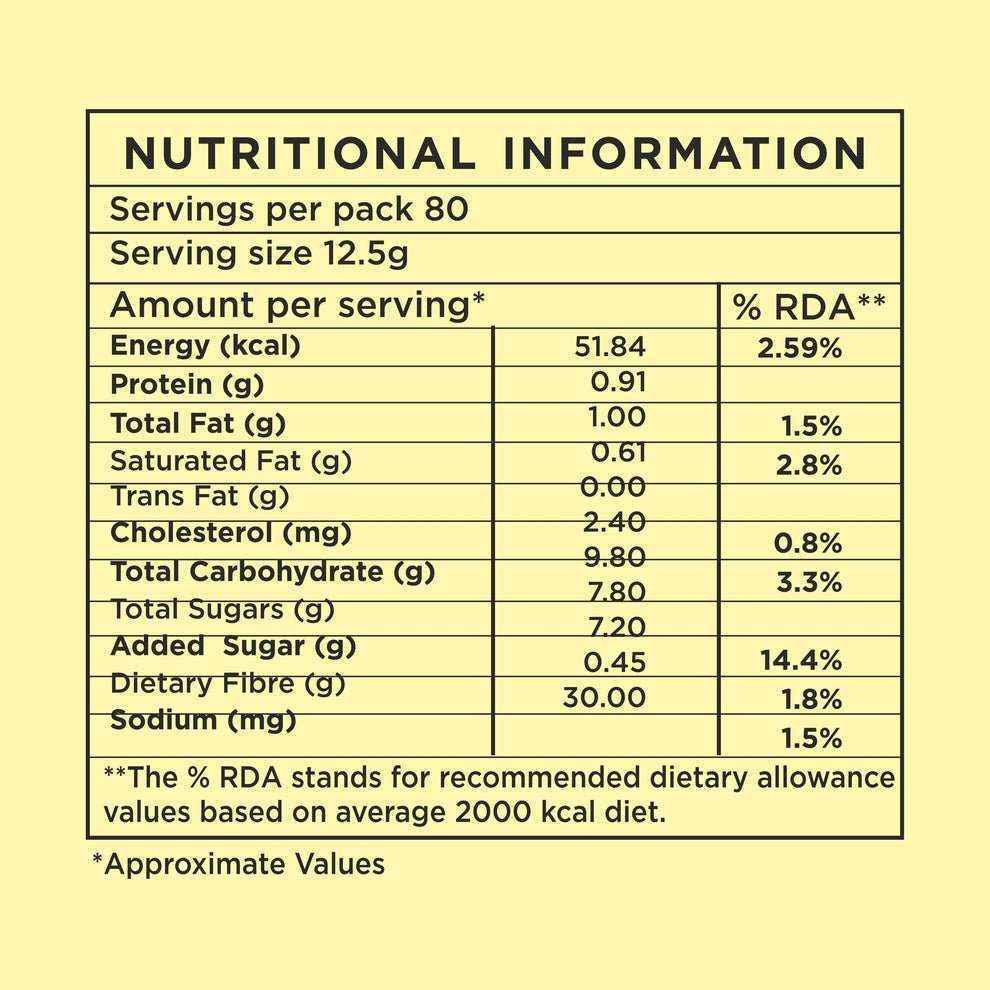 Nutritional information label for masala tea premix 1kg with calories protein fat and carbohydrates details