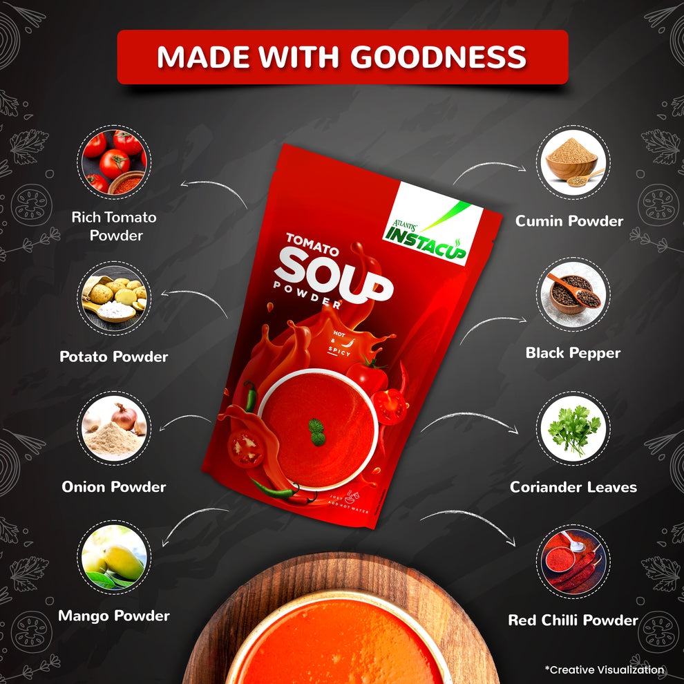ATLANTIS SOUP PREMIX 500 gm tomato soup powder packaging surrounded by key ingredients like cumin powder and coriander leaves