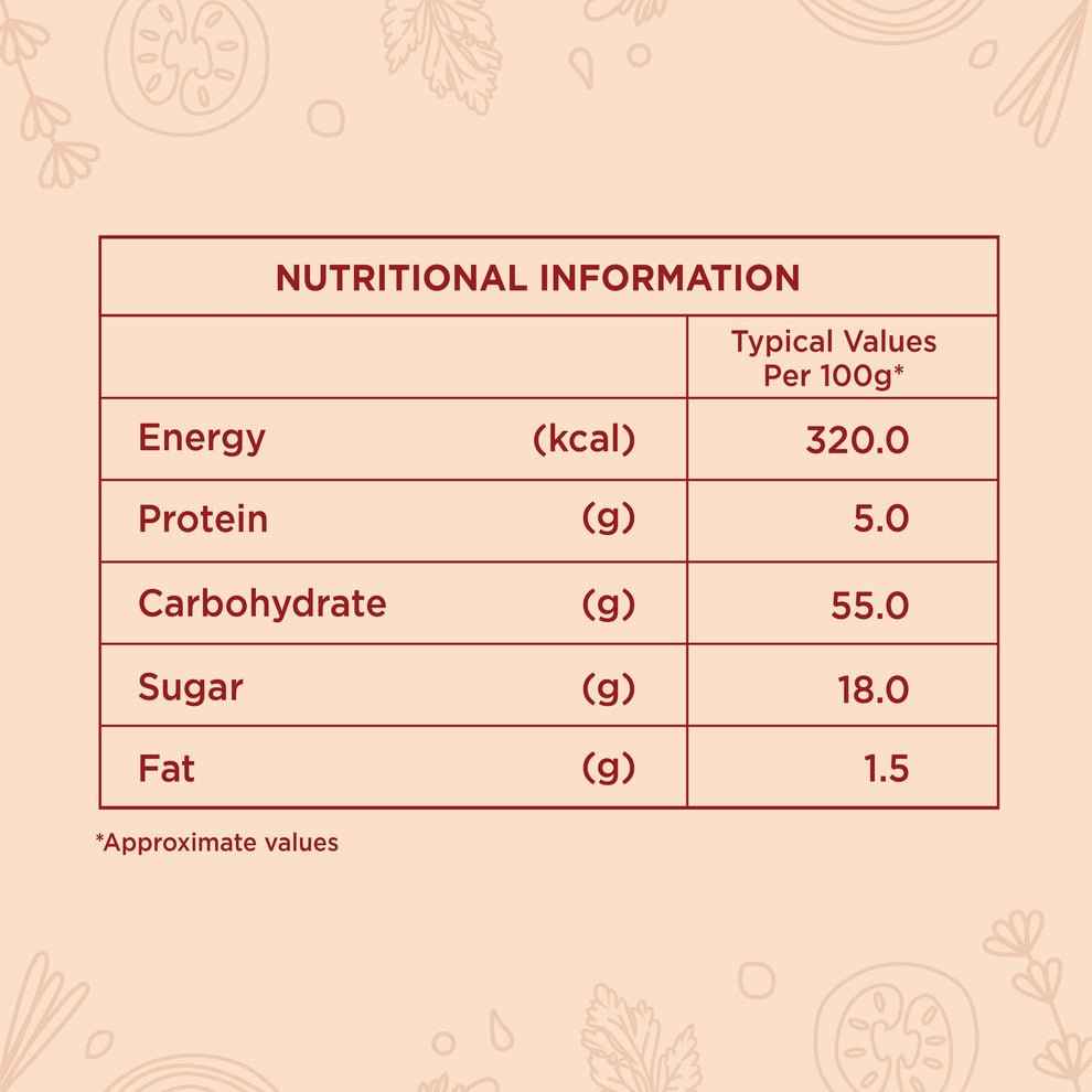 Nutritional information table for tomato soup powder for vending machines showing calories protein carbohydrate sugar and fat per 100 grams