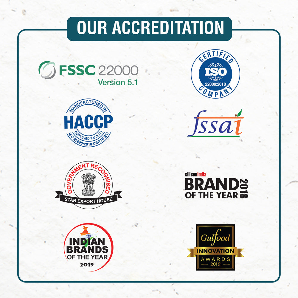 Accreditation logos including FSSC 22000, ISO certified, HACCP, FSSAI, government recognized, Indian brands, and Gulfood awards