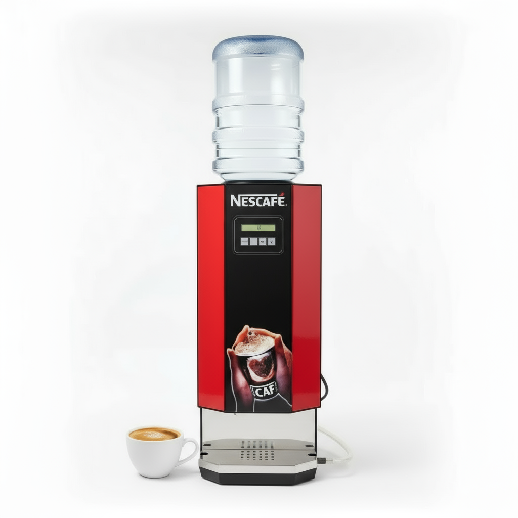 Nescafe 2 lane coffee machine with red and black design and a cup of cappuccino alongside for nescafe 2 lane coffee machine price