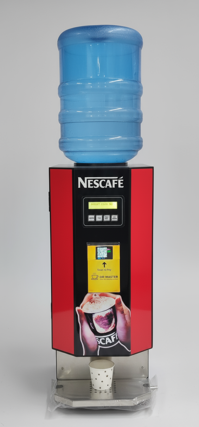 Nescafe branded 2-lane office coffee machine with blue water bottle and digital display