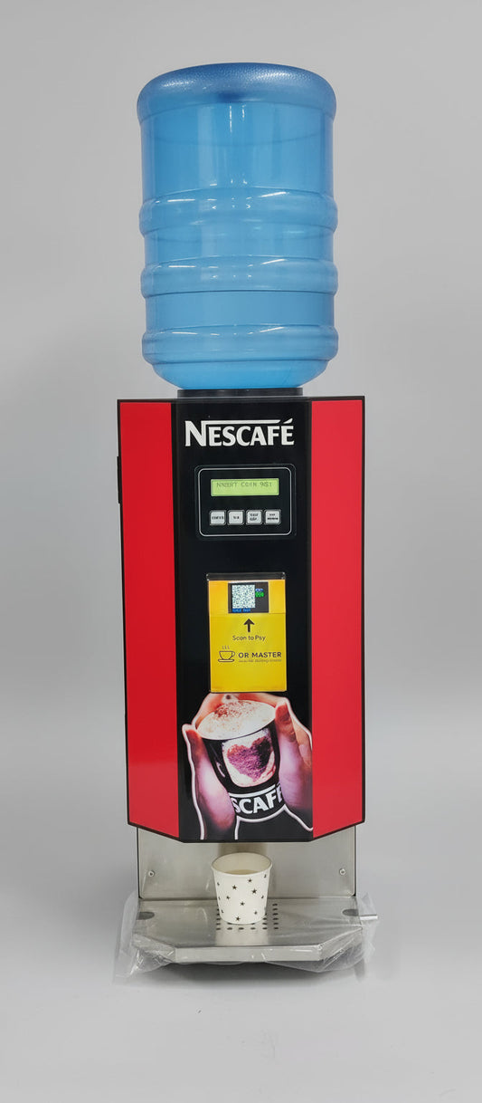 Nescafe branded 2-lane office coffee machine with digital display and blue water bottle on top