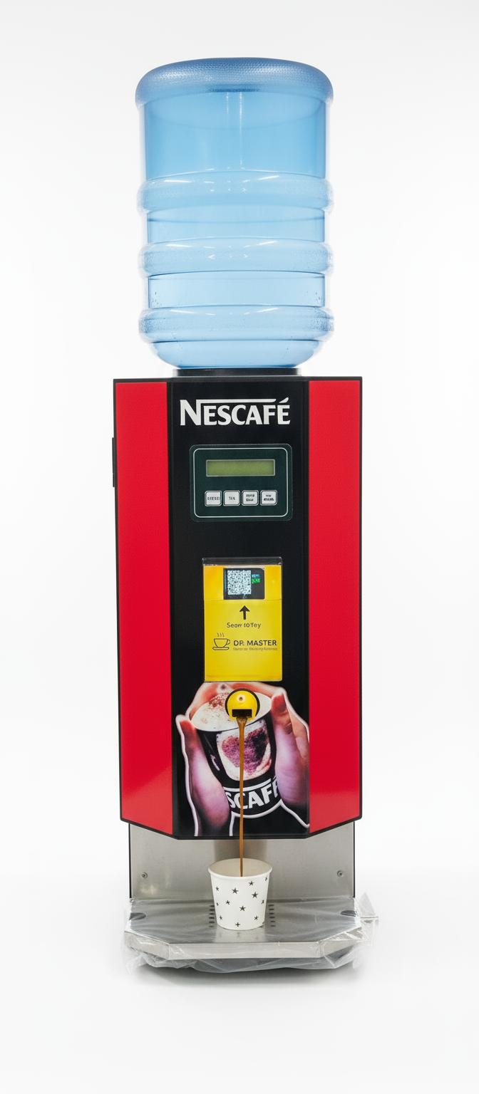 Nescafe branded 2-lane office coffee machine dispensing coffee into a paper cup with water bottle on top
