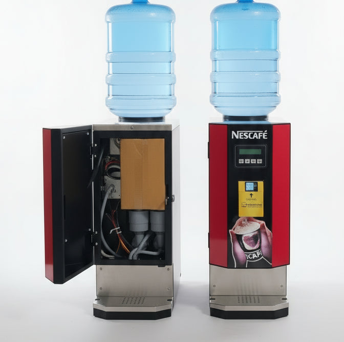 Atlantisplus.com 2-lane office coffee machine with water bottles, showing closed and open views