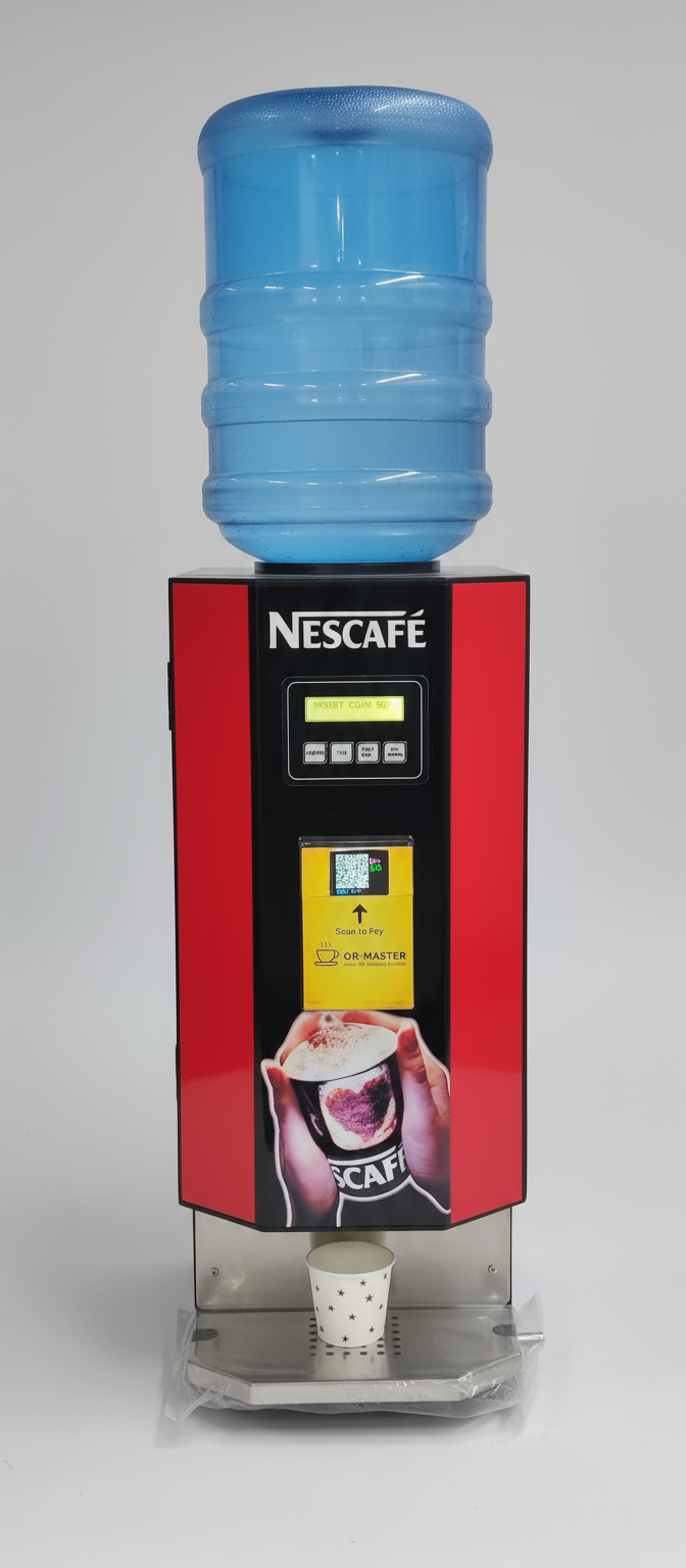 Red and black 2-lane smart hot beverage dispenser with water bottle on top and paper cup below