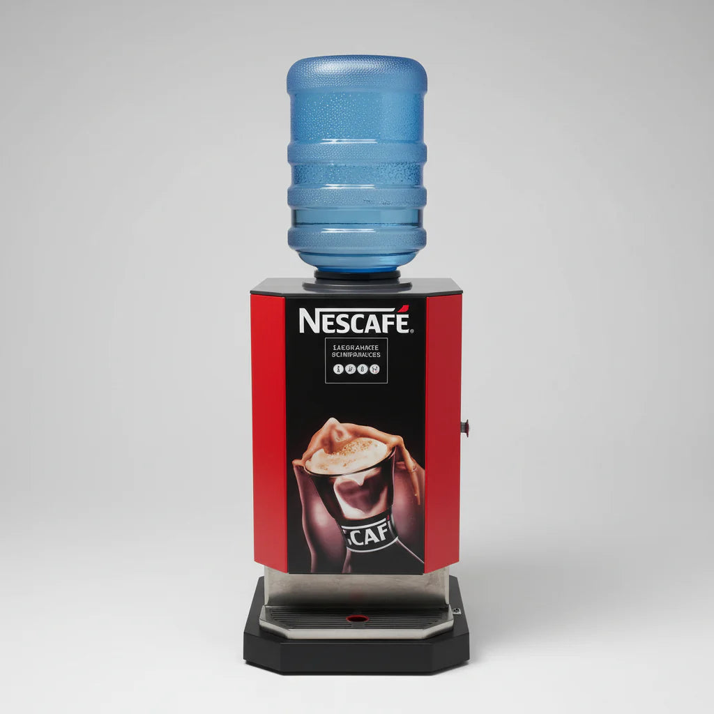 Nescafe 3 lane vending machine Delhi with red and black design and water dispenser on top