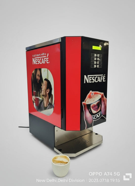 Nescafe 8 multi option multi vending coffee machine with cup of coffee placed in front by Tea coffee vending service