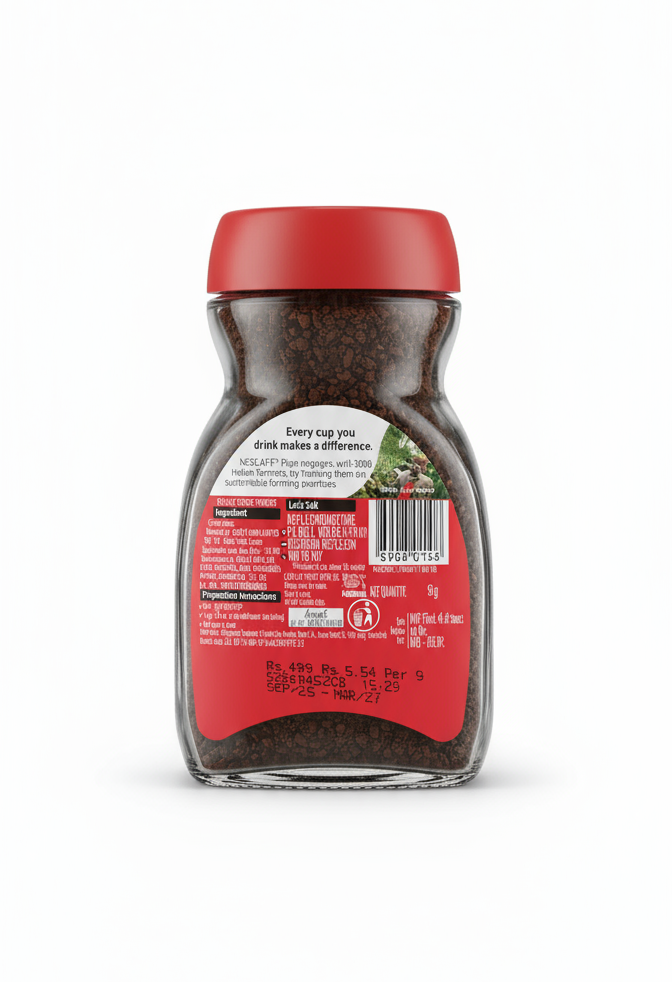 Back view of Nescafe Classic 90g coffee jar with red lid and detailed label information